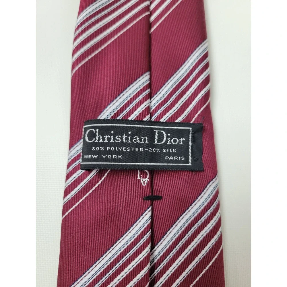 Christian Dior Mens Burgundy Striped Silk Blend Necktie Vintage Logo Tie